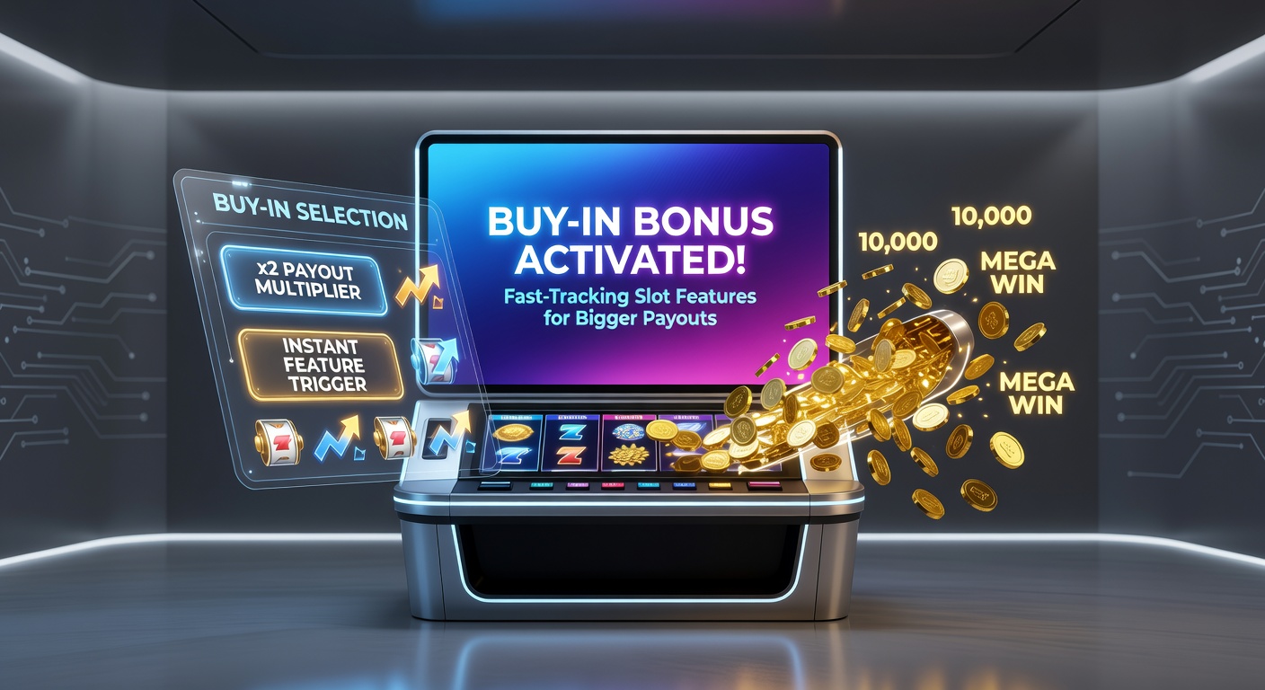 Vibrant slot machine screen displaying a buy-in bonus activation with glowing feature buttons and jackpot counters
