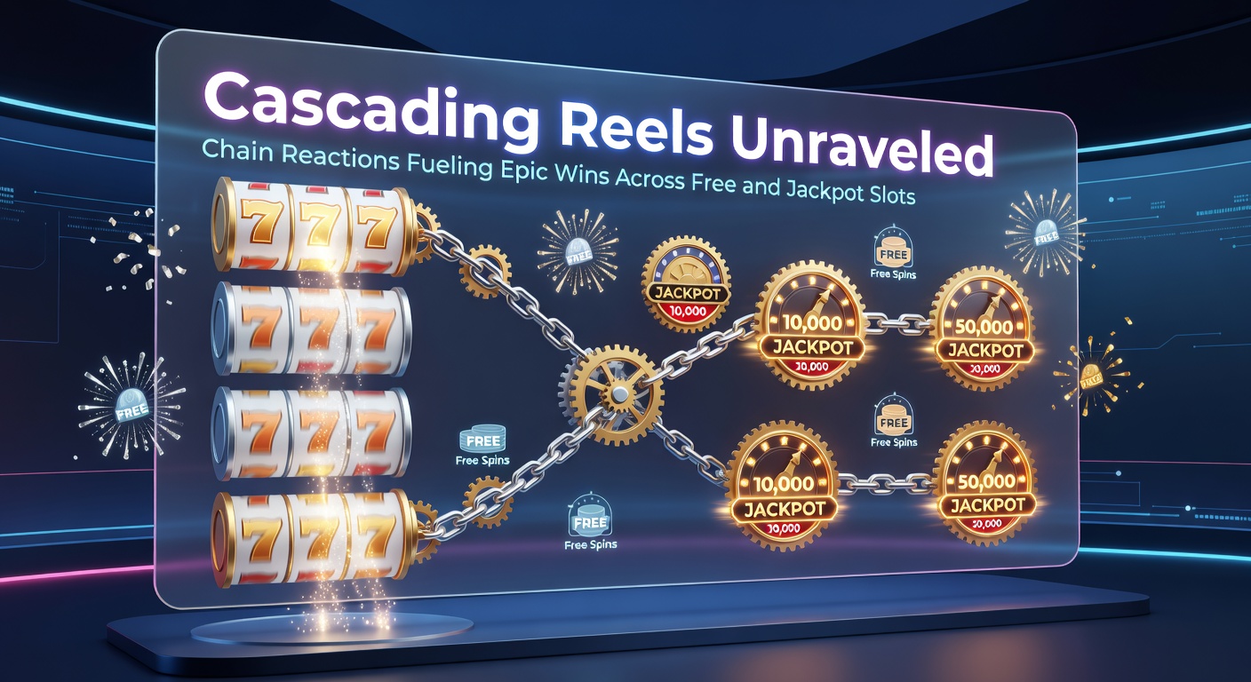 Vibrant slot reels cascading with winning symbols exploding into chain reactions on a jackpot game screen
