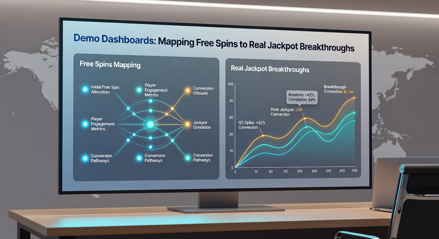 Close-up of a slot dashboard heatmap linking demo free spin data to real jackpot win trajectories with glowing graphs and stats