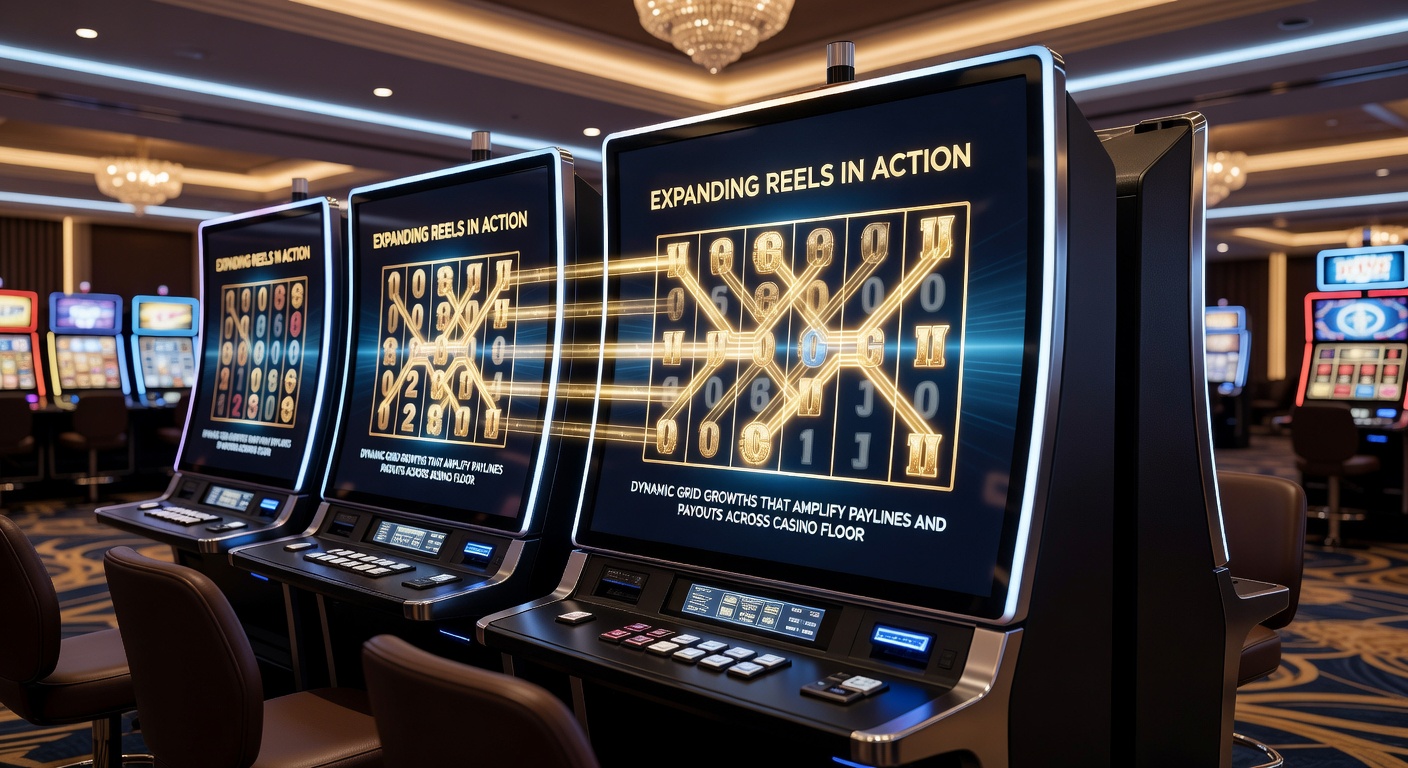 Casino floor packed with slot machines displaying expanding reel features, lights flashing as grids grow and wins cascade
