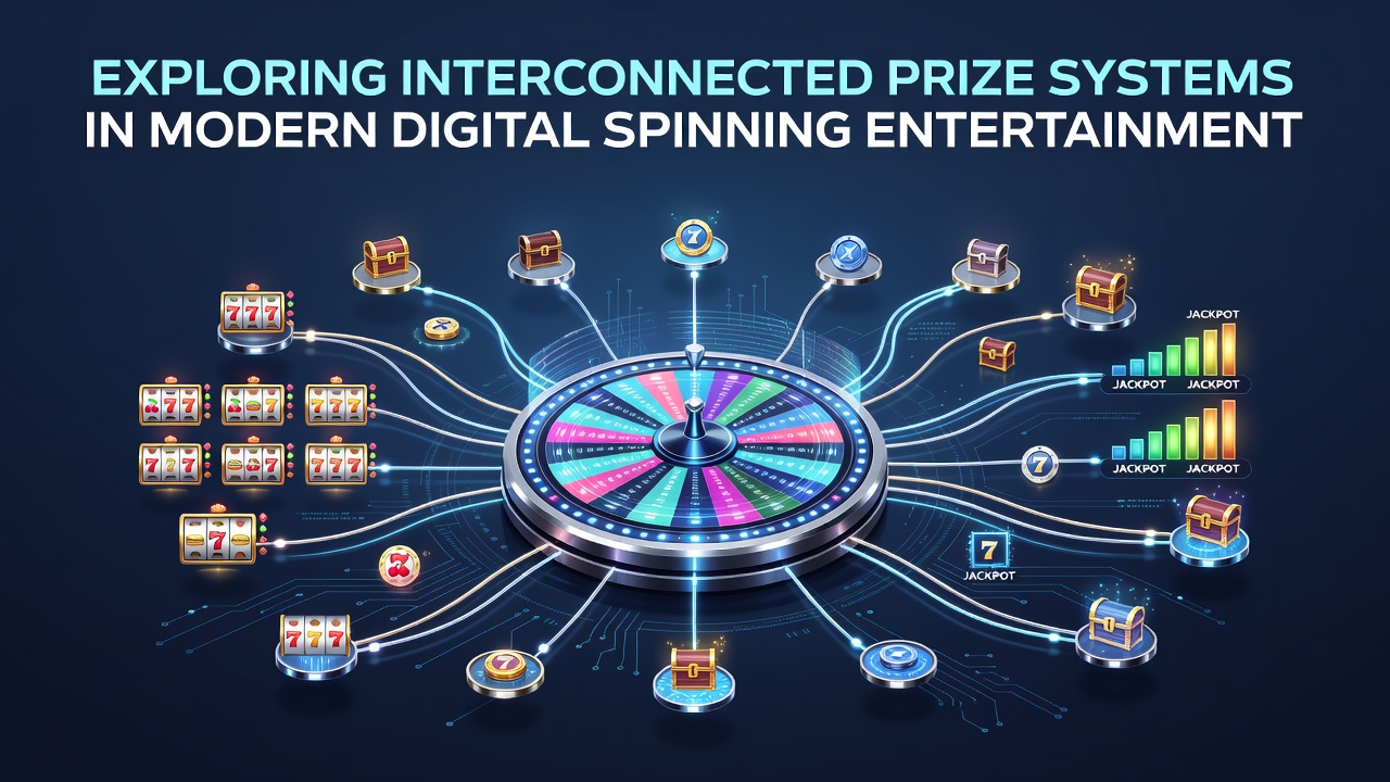 Interconnected prize systems displayed across multiple digital slot interfaces with linked jackpot meters