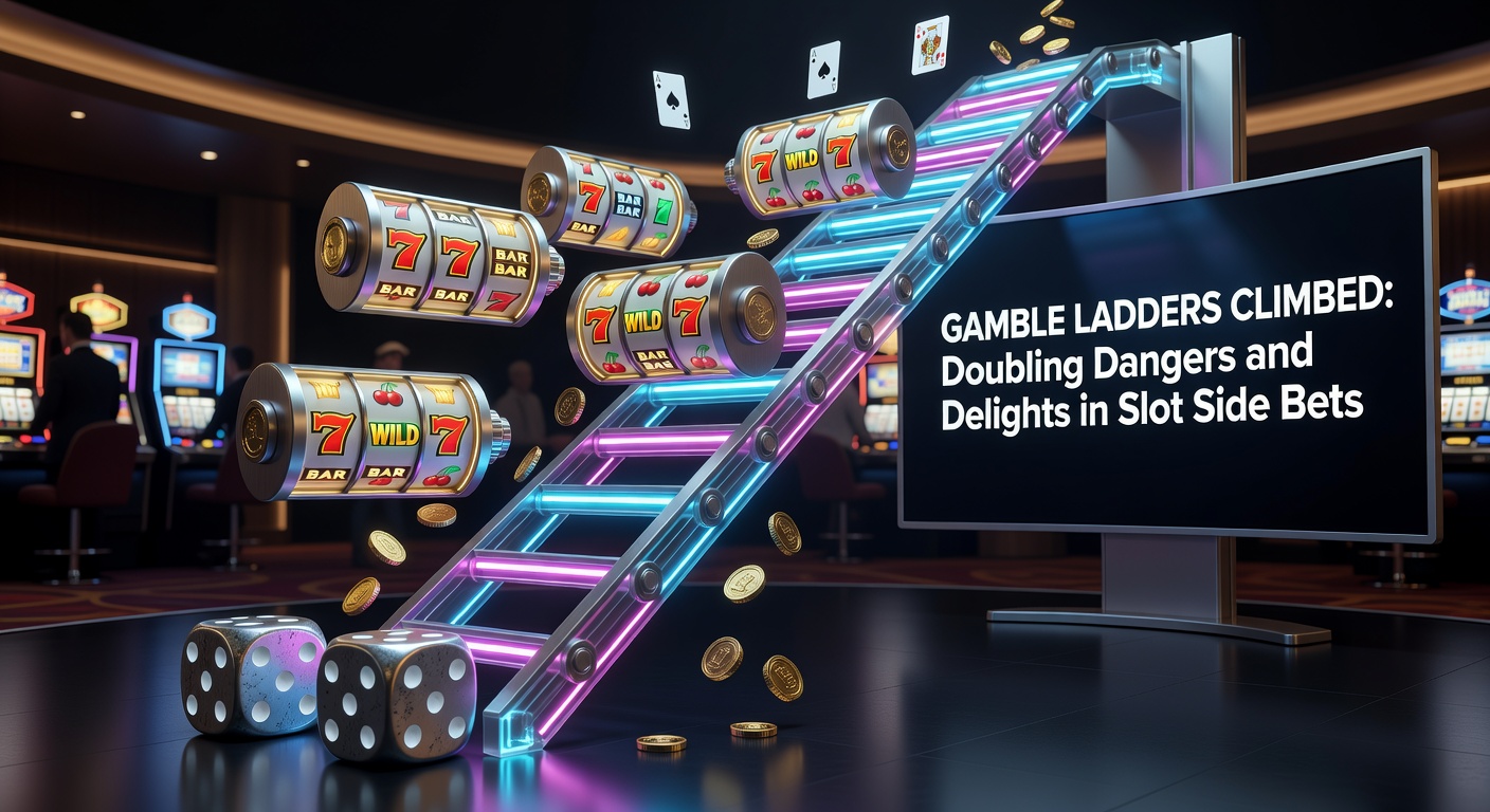 Animated slot machine gamble ladder feature showing multipliers climbing toward a jackpot prize, with flashing lights and risk indicators