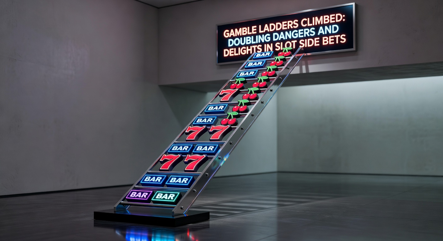 Player interface screenshot of a gamble ladder in action, with a pointer midway up glowing rungs marked 2x to 16x, risk meter flashing red at the edges