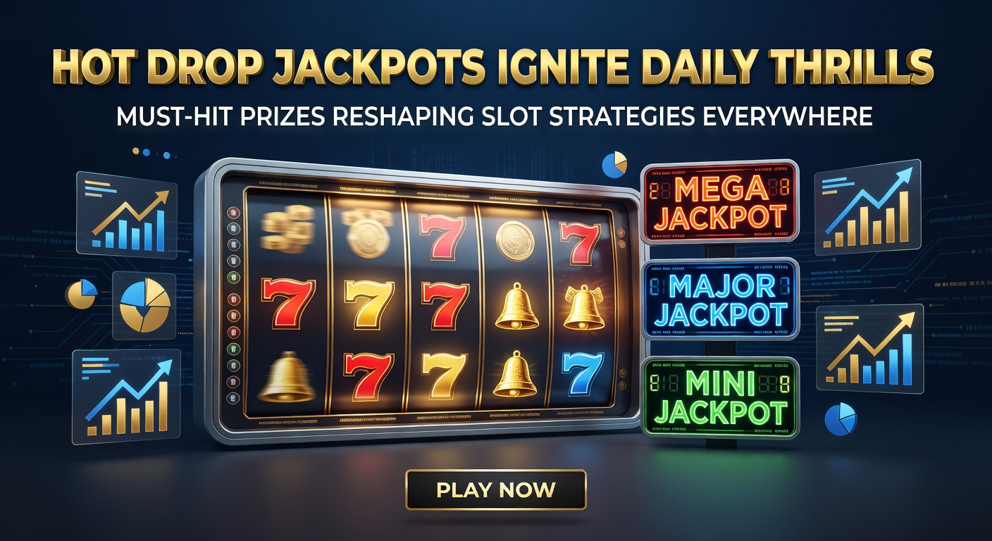 Vibrant slot machine screen showing a hot drop jackpot ticking down to a must-hit moment, with coins cascading and lights flashing in a casino atmosphere