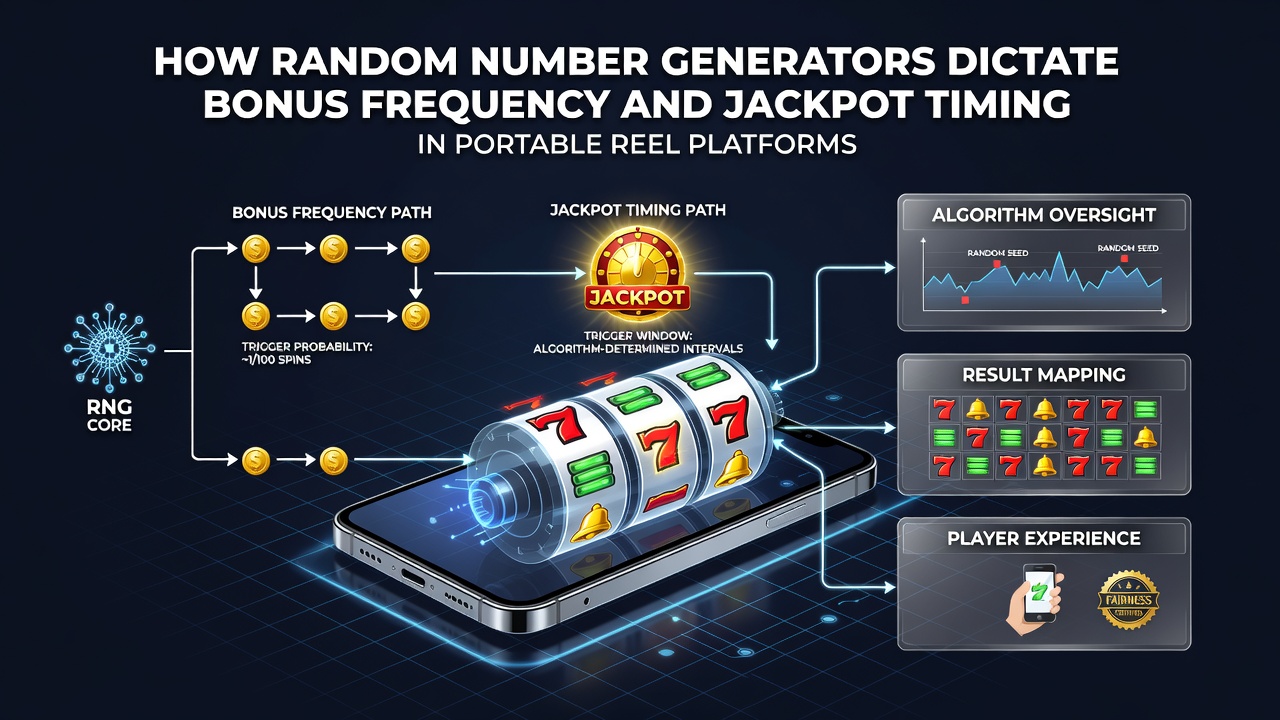 Mobile slot interface displaying reel mechanics and random number generation indicators