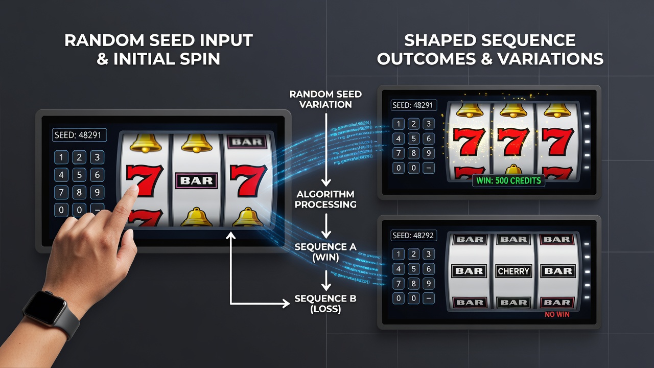 Side-by-side comparison of two demo reel sequences generated from nearly identical but distinct random seeds showing divergent symbol alignments