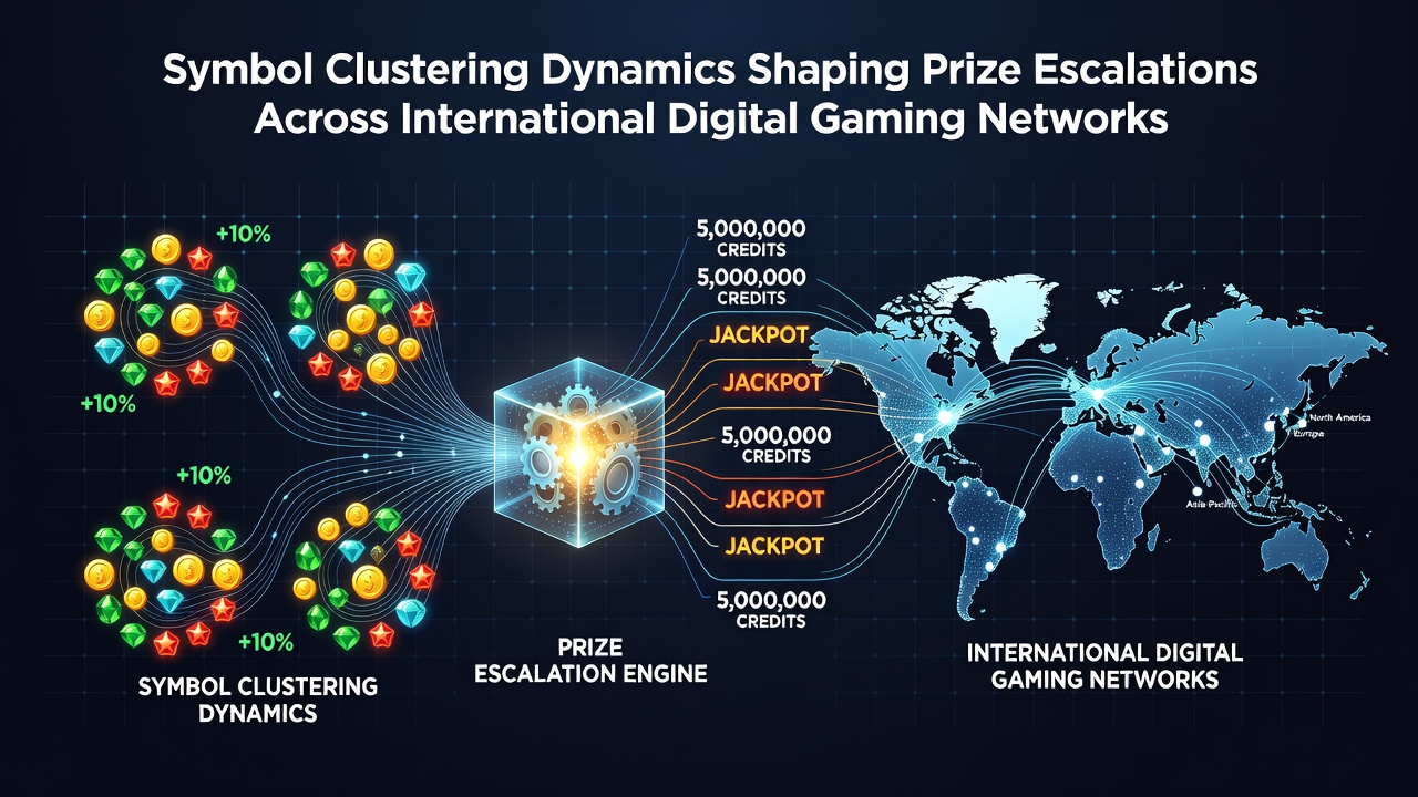 Infographic displaying prize escalation curves linked to symbol cluster sizes across global gaming servers