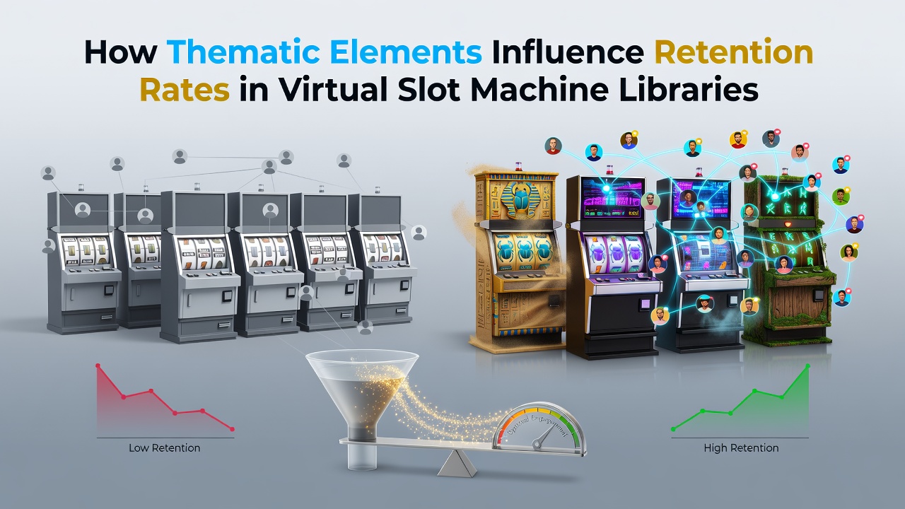 Virtual slot machine interface displaying layered thematic visuals with character symbols and environmental details