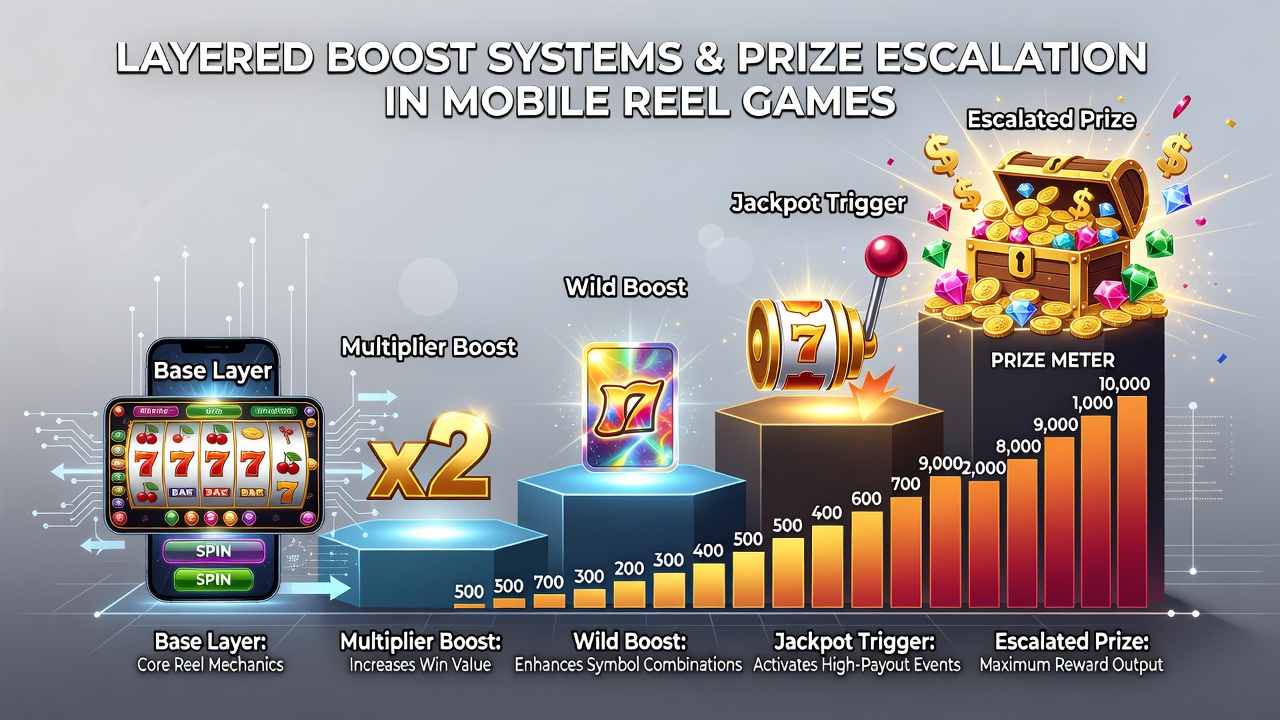 Mobile reel game interface showing stacked boost indicators and escalating prize meters