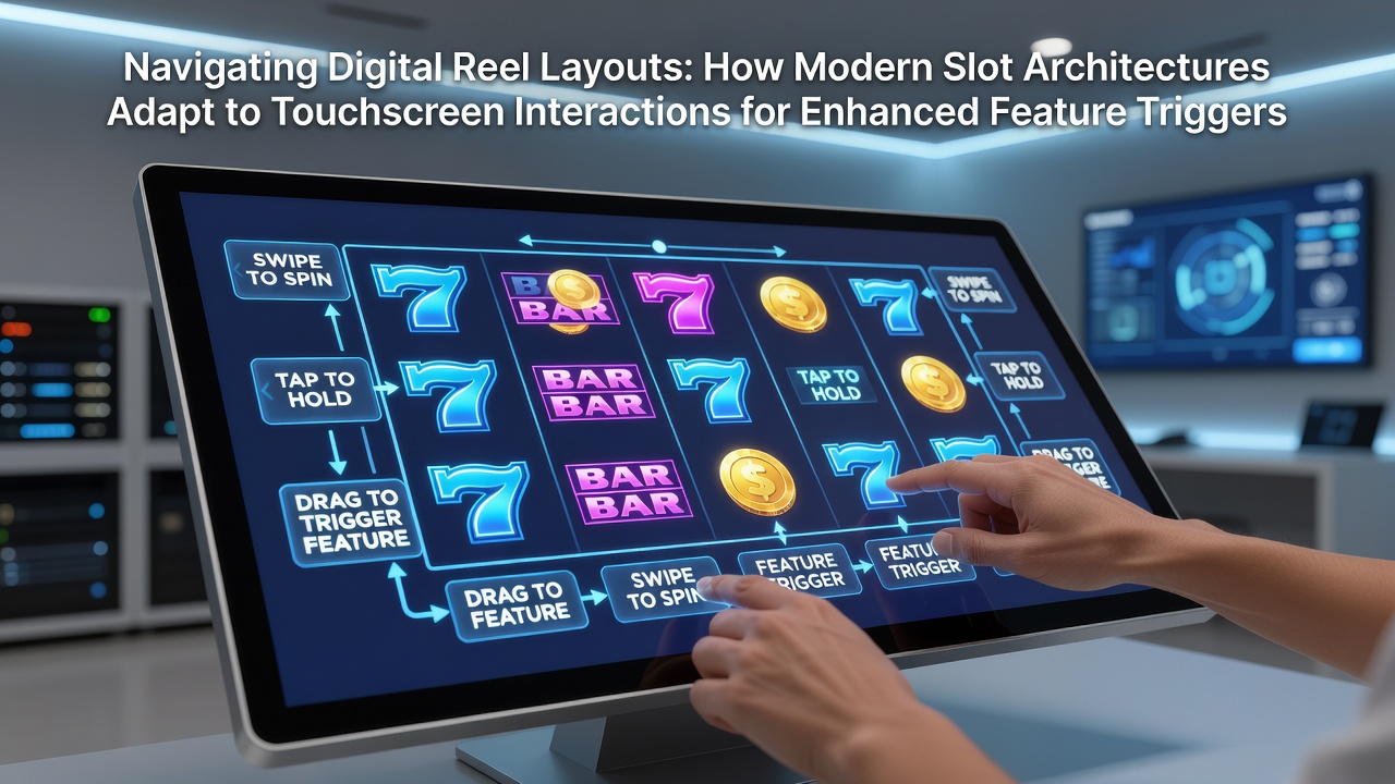 Modern slot game interface displaying adaptive digital reels on a touchscreen device with gesture indicators