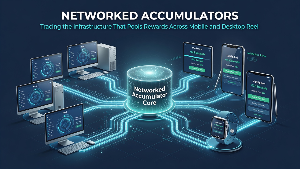 Server rack and network visualization illustrating accumulator database connections between mobile apps and desktop clients