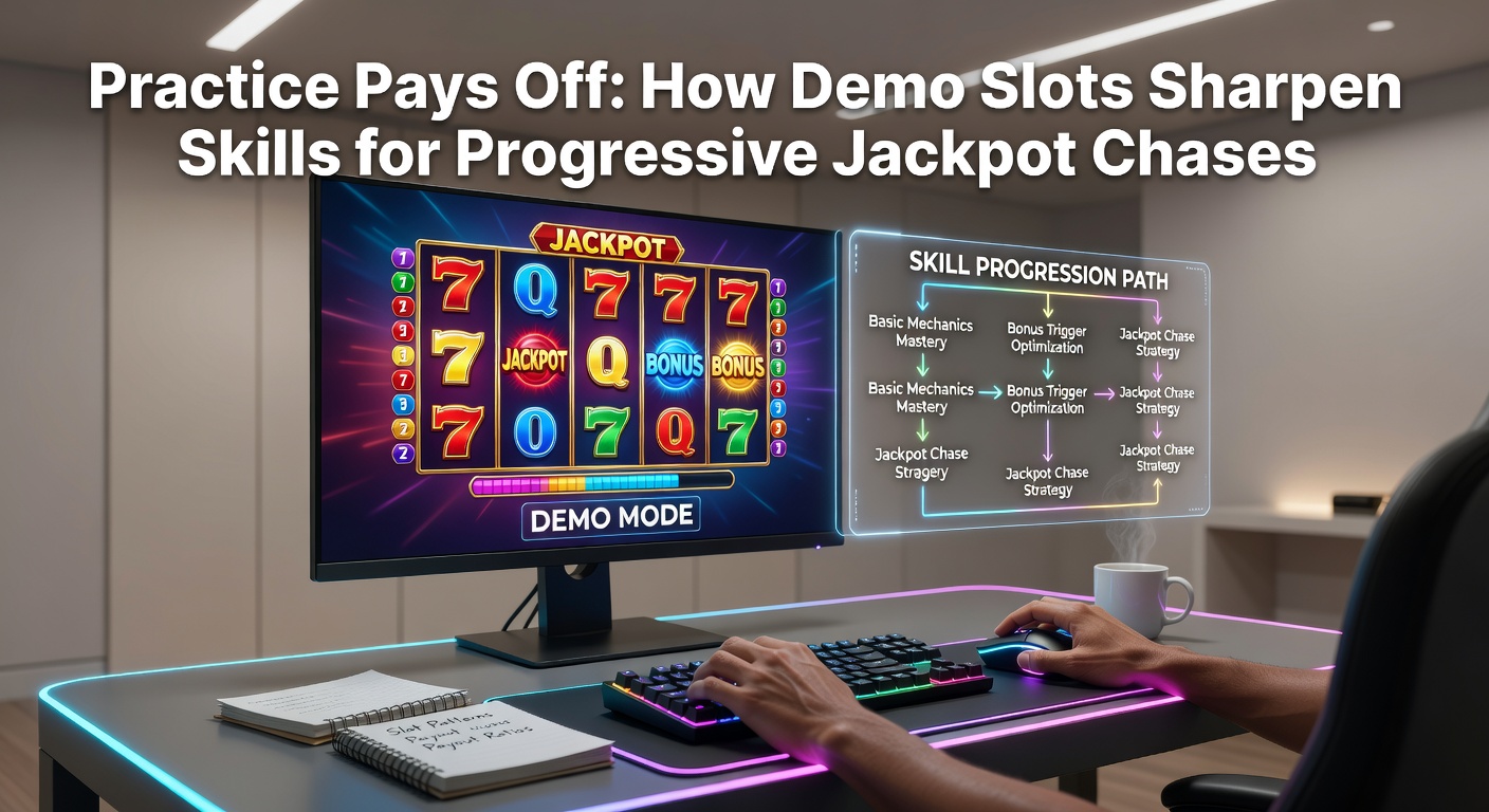 Close-up of a progressive jackpot counter ticking upward beside demo slot bonus features, illustrating skill-building from free practice to real-money pursuit