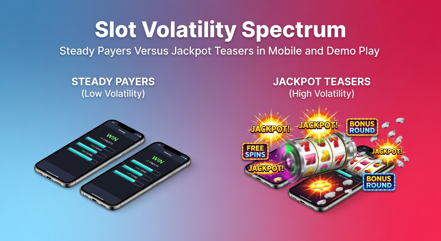 Colorful slot machine reels spinning with low and high volatility symbols, illustrating steady payouts versus rare jackpots on a mobile screen