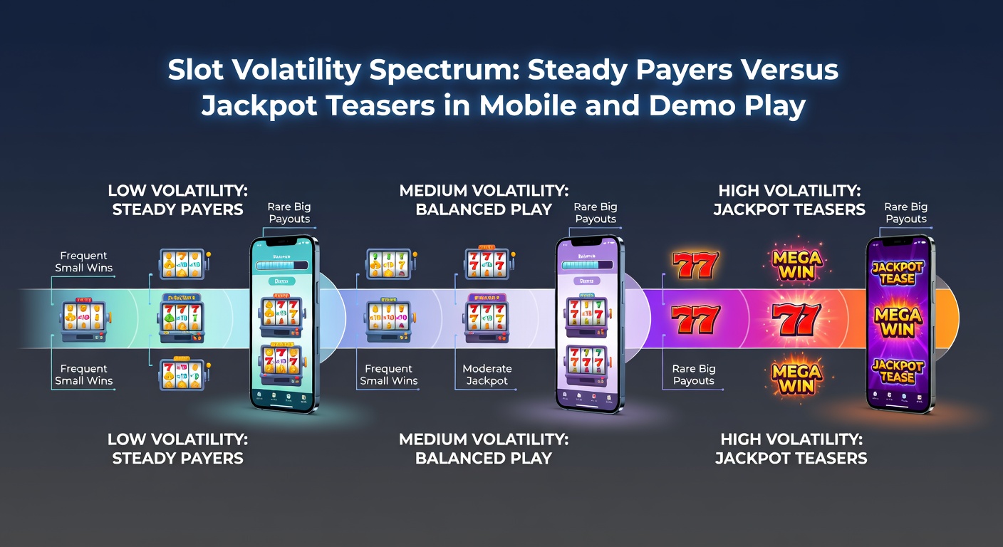 Split-screen comparison of a low-volatility slot showing frequent small wins and a high-volatility one with a massive jackpot explosion on mobile demo interface