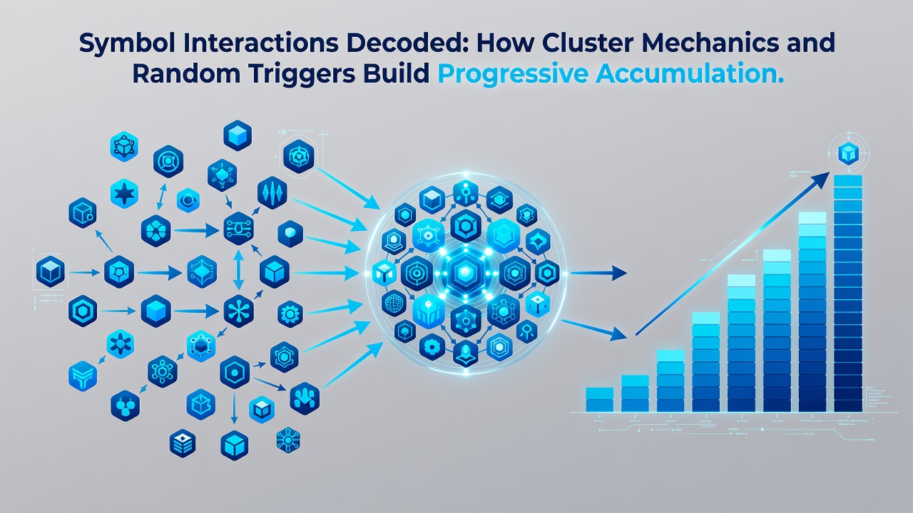 Mobile device displaying progressive meter filling as cluster wins and random triggers interact on the reels