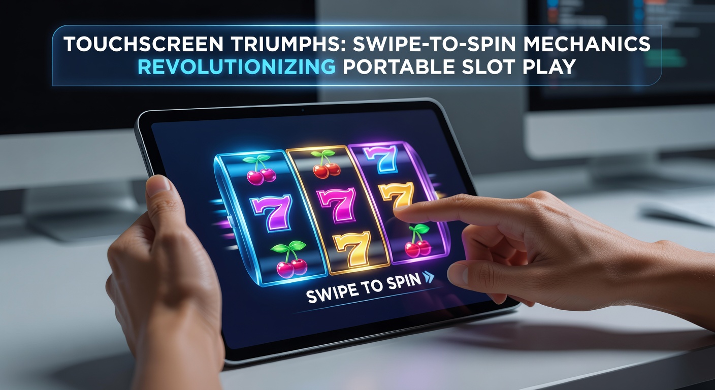 Player's finger swiping across a vibrant mobile slot screen, reels spinning fluidly in response to the gesture