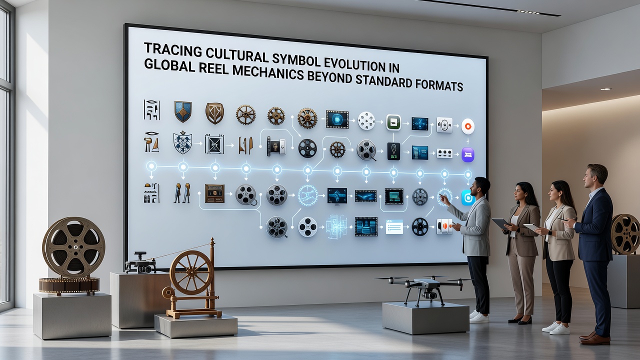 Animated sequence showing cultural symbols merging and transforming during a cascading reel feature