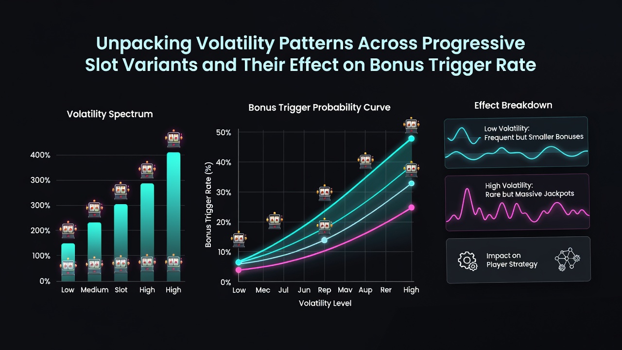 Graph comparing bonus trigger rates in low, medium, and high volatility progressive slots over time