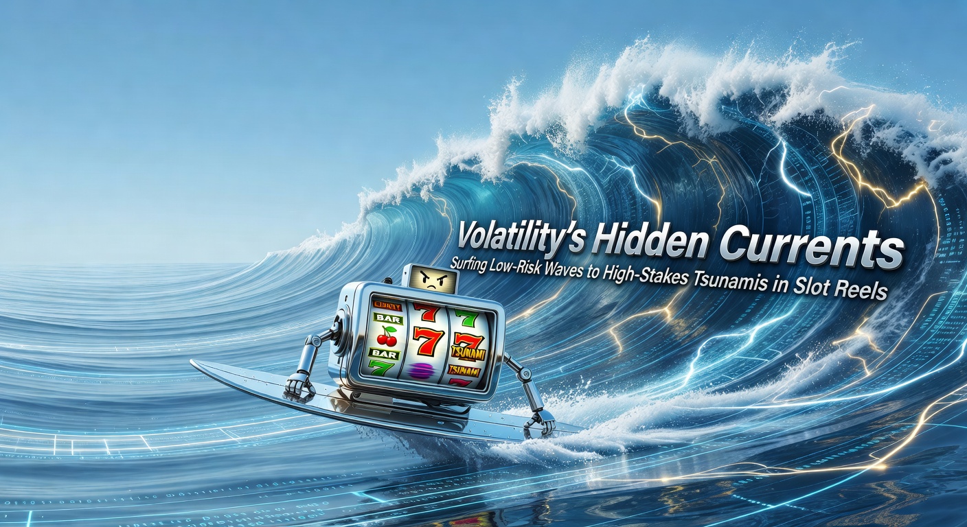 Dynamic graphic showing slot reels with low and high volatility waves crashing into jackpot tsunamis